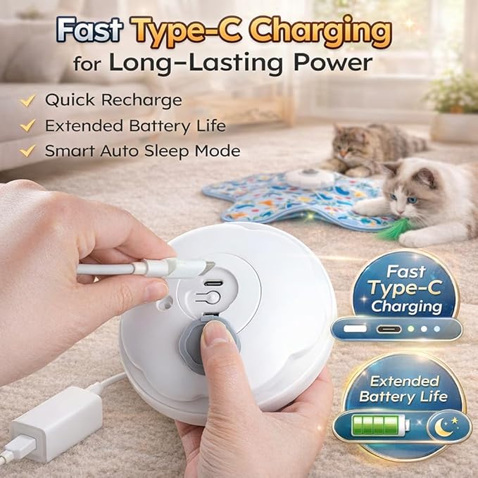Rotating Interactive Cat Toys with Squeaker for Interactive Playing, Anxiety Relief Boredom Rechargeable Automatic Moving Concealed Feathers Toys Touch Activated for Indoor Adult Cats and Kittens