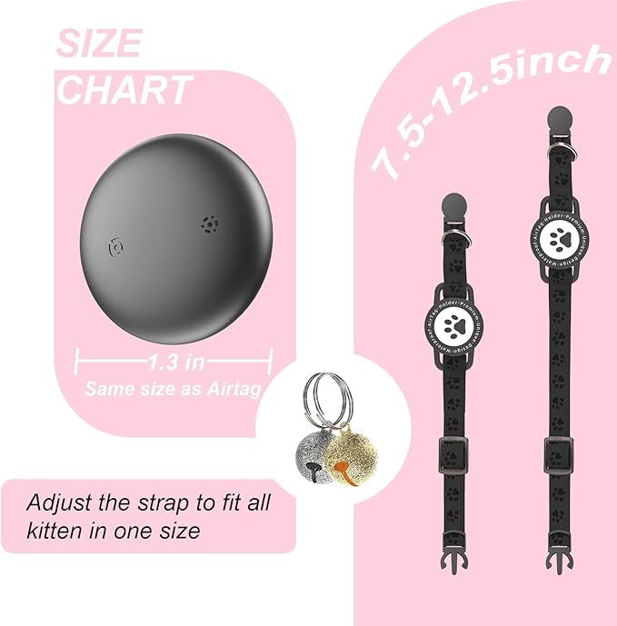 (Black) GPS Tracker for Cats, Waterproof GPS Cat Trackers Cats Collar with Bells, No Subscription, GPS Cat Collar, Adapt with Apple Find My (iOS Only) Finder Tag for Vehicles, Pets, Kids
