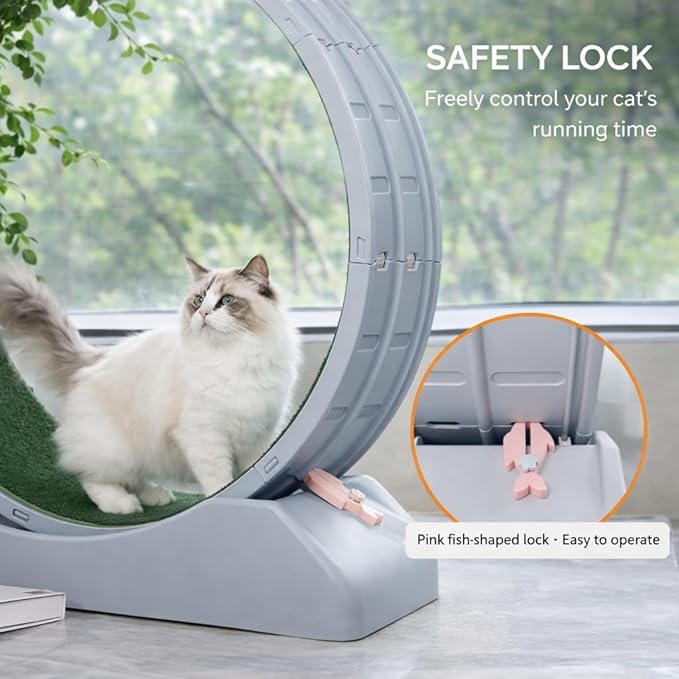 Cat Exercise Wheel for Indoor Cats, 33.5" Compact Small Cat Treadmill — Quiet Running Wheel with Grass Carpet Runway, Space-Saving Design & Safety Lock for Small to Medium Cats Weight Loss-Gray