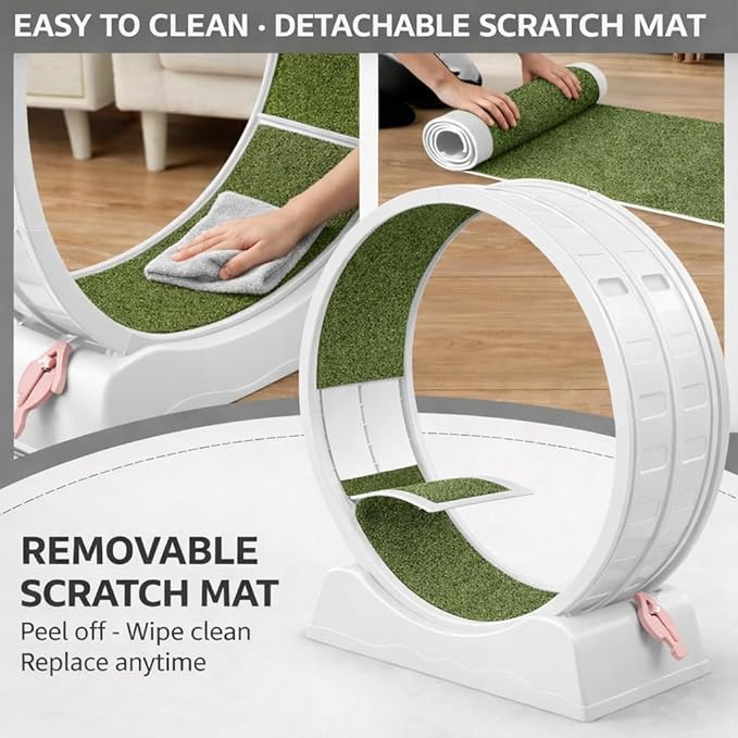 Cat Exercise Wheel for Indoor Cats, 33.5" Compact Small Cat Treadmill — Quiet Running Wheel with Grass Carpet Runway, Space-Saving Design & Safety Lock for Small to Medium Cats Weight Loss-Gray