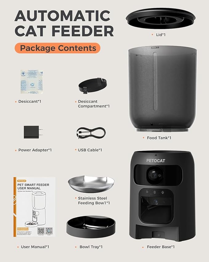 PETOCAT AI Automatic Cat Feeder with 2K HD Dual Cameras,5G&2.4G Wi-Fi 6L Cat Food Dispenser with Cats Recognition& Diet Tracking, Laser Interactive Toy & Two-Way Audio