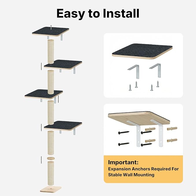 Veehoo Wall Mounted Cat Tree for Large Cats, 66" Tall Cat Wall Climber with Large Perches and Non-Slip Carpet, Cats Wall Shelves Furniture for Climb, Scratch, Lookout and Play