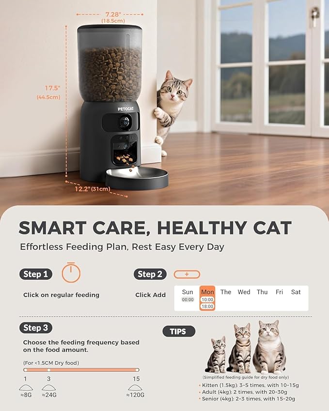 PETOCAT AI Automatic Cat Feeder with 2K HD Dual Cameras,5G&2.4G Wi-Fi 6L Cat Food Dispenser with Cats Recognition& Diet Tracking, Laser Interactive Toy & Two-Way Audio