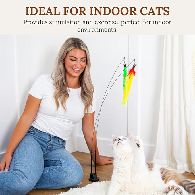 Cat Wand Toy for Indoor Cats - 43 Inch Retractable Fishing Pole Teaser - 9 Feather Attachments - Weighted Round Base - Suction Cup Mount - Bored Adult Feline Hunting Exercise - Kitten Juguetes Set