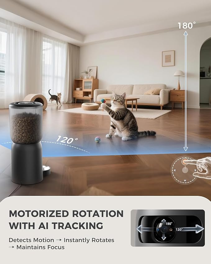 PETOCAT AI Automatic Cat Feeder with 2K HD Dual Cameras,5G&2.4G Wi-Fi 6L Cat Food Dispenser with Cats Recognition& Diet Tracking, Laser Interactive Toy & Two-Way Audio