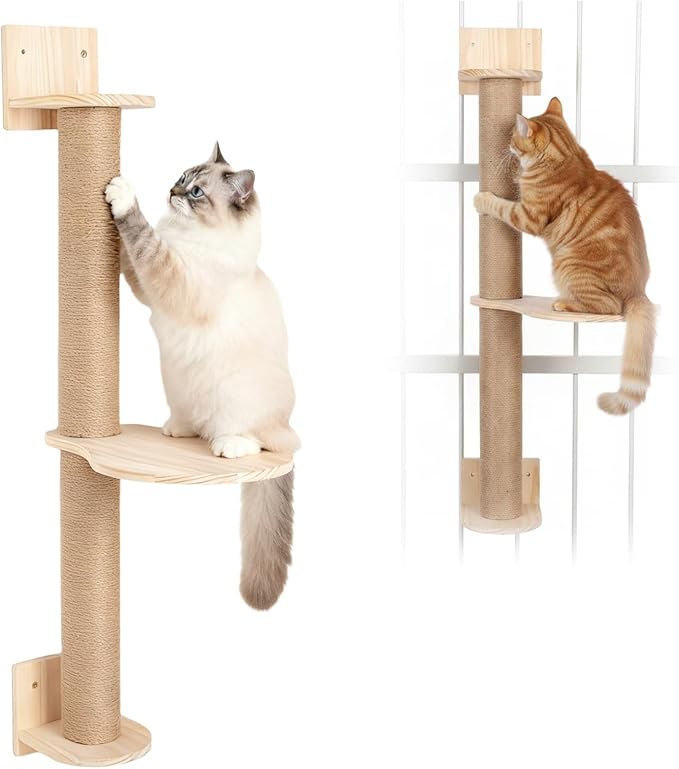 PowerKing Wall Mounted Cat Scratcher, 29 Inch Large Sisal Cat Scratching Post with Hammock, Modern Pine Cat Activity Tree for Kittens, Adult Cats, Sturdy Safe DIY Cat Wall Furniture