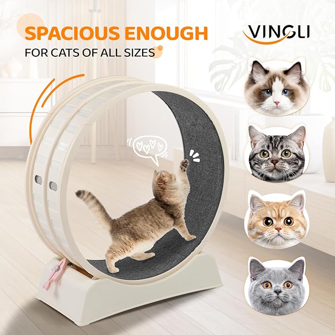 VINGLI Cat Exercise Wheel, 31" Cat Treadmill for Indoor Cats, Cat Running Wheel with Carpeted Runway for Weight Loss & Daily Exercise (Off-White)