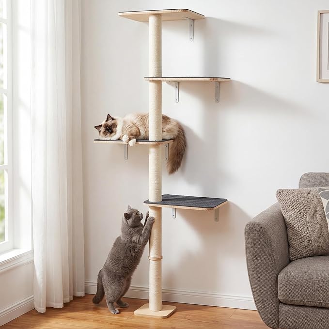 Veehoo Wall Mounted Cat Tree for Large Cats, 66" Tall Cat Wall Climber with Large Perches and Non-Slip Carpet, Cats Wall Shelves Furniture for Climb, Scratch, Lookout and Play