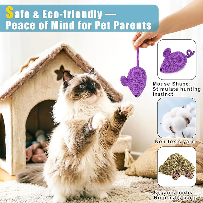 Retro Shaw Catnip Toys Crochet Mice Cat Toys, 3 Pcs Durable Yarn Cat Mouse Toys for Indoor Cats, Stuffed with Natural Catnip & Silvervine Blend, Handmade Interactive Kitten Chew Toy for Teeth Cleaning