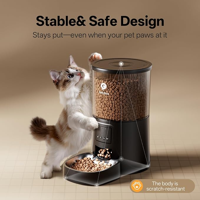 PETULTRA Automatic Cat Feeder WiFi- 5Ghz Cat Food Dispenser with APP Remote Control- Auto Pet Feeder for Small Dog Indoor- Easy to Set Up and Clean- Dual Power with Desiccant Bag& Stainless Steel
