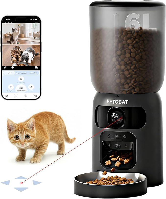 PETOCAT AI Automatic Cat Feeder with 2K HD Dual Cameras,5G&2.4G Wi-Fi 6L Cat Food Dispenser with Cats Recognition& Diet Tracking, Laser Interactive Toy & Two-Way Audio