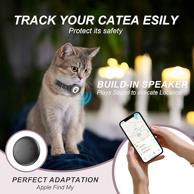 (Black) GPS Tracker for Cats, Waterproof GPS Cat Trackers Cats Collar with Bells, No Subscription, GPS Cat Collar, Adapt with Apple Find My (iOS Only) Finder Tag for Vehicles, Pets, Kids