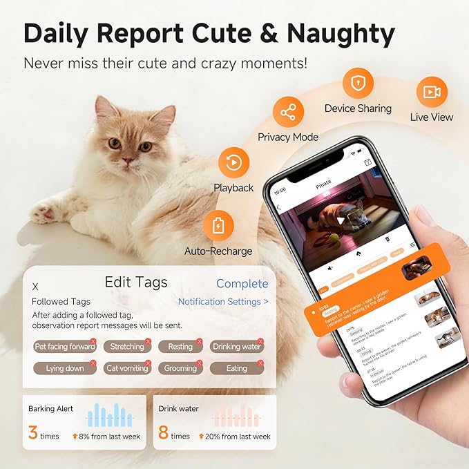 A3 AI Pet Companion Robot with 2K Camera – Smart Pet Robot Camera for Cats & Dogs, Auto Follow, Laser Toy, Night Vision, 2-Way Audio, AI Behavior Reports, Auto Recharge & App Sharing