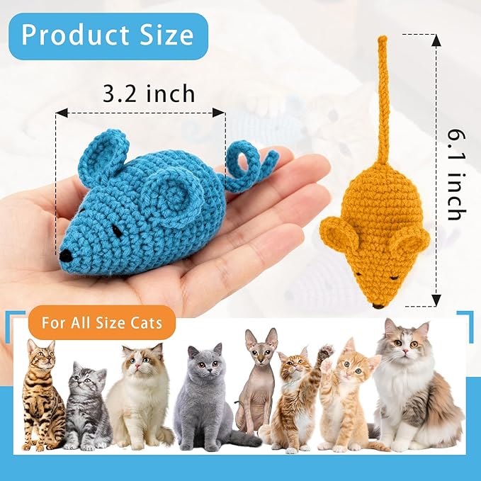 Retro Shaw Catnip Toys Crochet Mice Cat Toys, 3 Pcs Durable Yarn Cat Mouse Toys for Indoor Cats, Stuffed with Natural Catnip & Silvervine Blend, Handmade Interactive Kitten Chew Toy for Teeth Cleaning