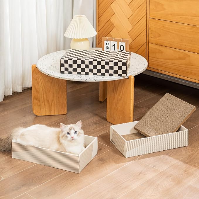 Conlun Cat Scratcher Box with 4 Scratching Pads&2 Separate Cardboard Boxes,2-in-1 Cardboard Cat Scratch for Multiple Kitten Interactive Play,Birthdays Holiday Toys Gift,Checkered-Ball Toy