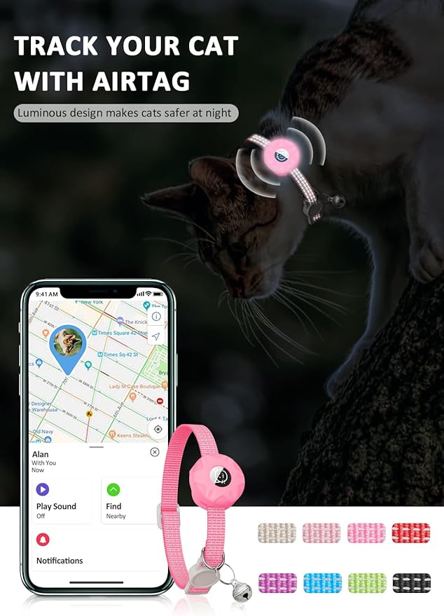 Apple AirTag Cat Collar, GPS Tracker Kitten Collar with Breakaway Feature, Lightweight and Reflective, Perfect for Girl or Boy Cats and Puppies (Luminous Pink)
