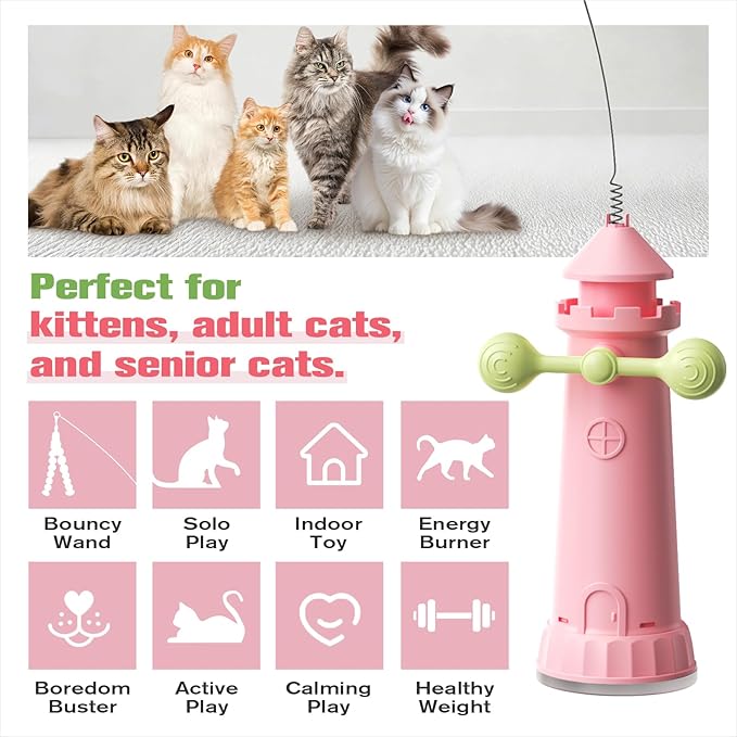 Interactive Cat Toy for Indoor Cats with Strong Suction Cup, Includes Extra Yarn Attachment, Self-Playing Design to Keep Cats Active & Entertained Without Holding a Wand (Cherry Blossom Pink)