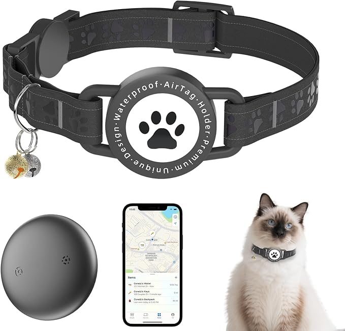 (Black) GPS Tracker for Cats, Waterproof GPS Cat Trackers Cats Collar with Bells, No Subscription, GPS Cat Collar, Adapt with Apple Find My (iOS Only) Finder Tag for Vehicles, Pets, Kids