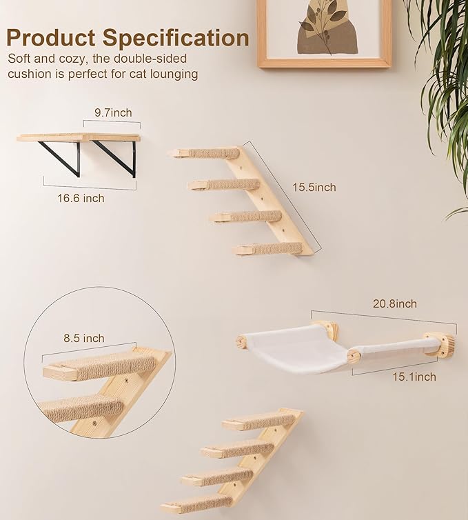 Cat Wall Hammock Set of 4 – 1 Floating Fabric Hammock, 2 Ladders with 4 Steps Each & 1 Flat Shelf – Wall Mounted Cat Bed Furniture Indoor Playground
