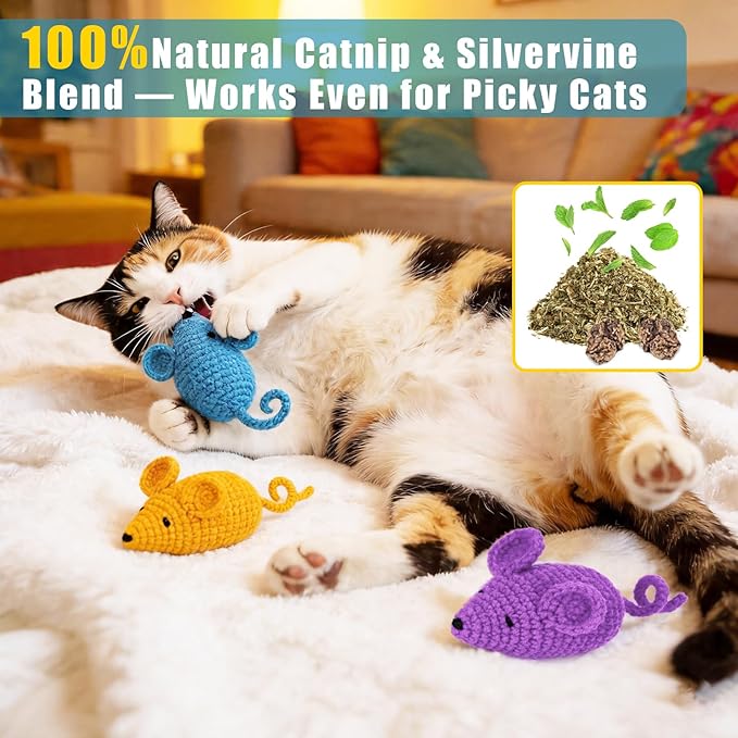 Retro Shaw Catnip Toys Crochet Mice Cat Toys, 3 Pcs Durable Yarn Cat Mouse Toys for Indoor Cats, Stuffed with Natural Catnip & Silvervine Blend, Handmade Interactive Kitten Chew Toy for Teeth Cleaning