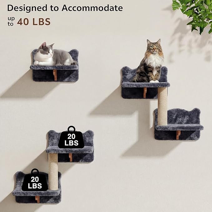 9-in-1 Cat Wall Shelves, Wall Mounted Cat Furniture Set with Plush Fabric, Cat Climbing Wall Systems, Cats Shelf Furniture with Condos, House, Steps, Bridge Ladder, Scratching Post, Grey