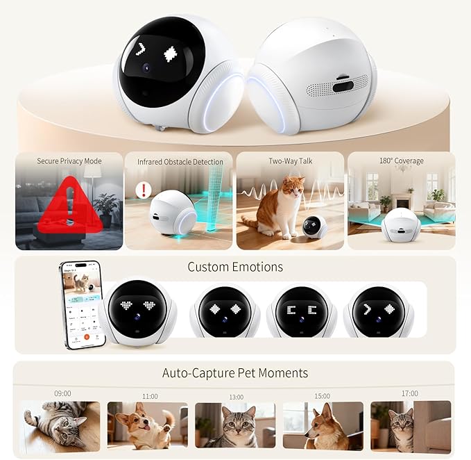 SURPN Pet Camera Robot Companion Monitor – Movable Home Security Cam with 1080P Video, 2.4GHz WiFi, Motion Tracking, Laser Toy, Two-Way Talk – App Control for Dogs & Cats