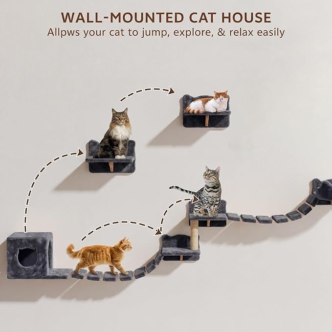 9-in-1 Cat Wall Shelves, Wall Mounted Cat Furniture Set with Plush Fabric, Cat Climbing Wall Systems, Cats Shelf Furniture with Condos, House, Steps, Bridge Ladder, Scratching Post, Grey