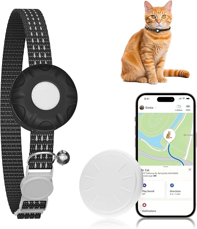 Cat Tracker, Lightweight GPS Tracker Compatible with Apple Find My App(Only iOS), Waterproof Cat Tracker Collar with Bell and Safety Elastic Buckle, No Monthly Fee Pet Trackers for Pets, Kids (Black)