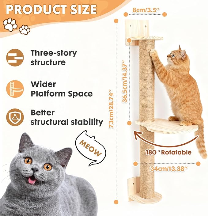PowerKing Wall Mounted Cat Scratcher, 29 Inch Large Sisal Cat Scratching Post with Hammock, Modern Pine Cat Activity Tree for Kittens, Adult Cats, Sturdy Safe DIY Cat Wall Furniture