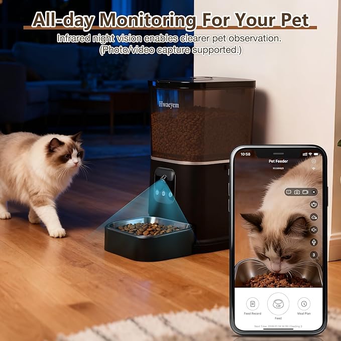 Automatic Cat Feeder with Camera, 5L/28 Cups WiFi Cat Auto Feeder with Two-Way Audio, App Control, Strong Anti-Jam System Smart Timed Cat Feeder with Night Vision for Small Pets Indoor