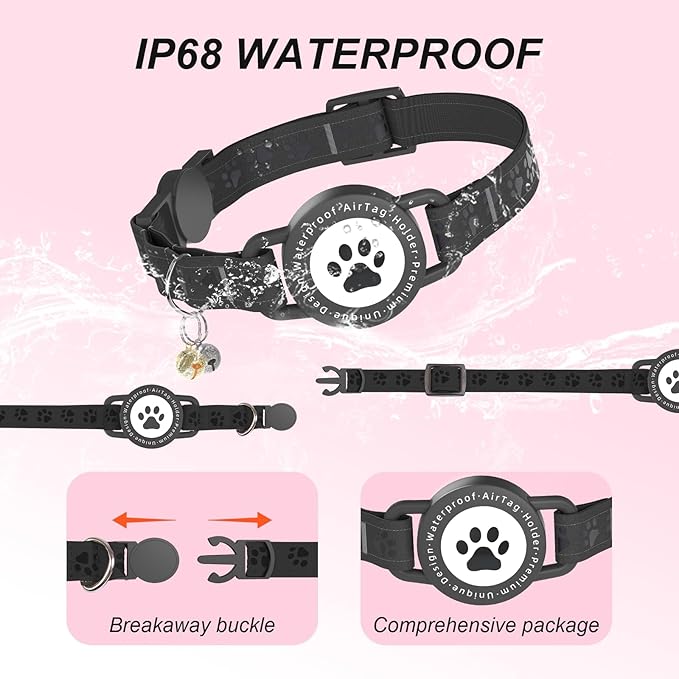(Black) GPS Tracker for Cats, Waterproof GPS Cat Trackers Cats Collar with Bells, No Subscription, GPS Cat Collar, Adapt with Apple Find My (iOS Only) Finder Tag for Vehicles, Pets, Kids