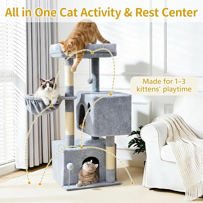 Cat Tree Tower House Condo Small Scratching Post, 40" Corner Kitty Climbing Stand with Hammock for Indoor, Medium Modern Carpet Bed Platform for Kittens, Simple Apartment Cat Furniture