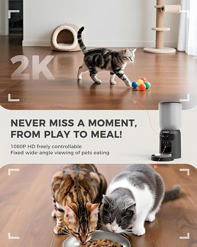 PETOCAT AI Automatic Cat Feeder with 2K HD Dual Cameras,5G&2.4G Wi-Fi 6L Cat Food Dispenser with Cats Recognition& Diet Tracking, Laser Interactive Toy & Two-Way Audio
