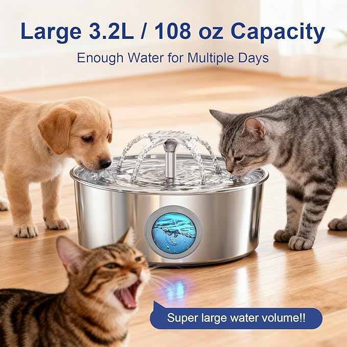 Stainless Steel Cat Water Fountain with Silicone Mat & 2 Filters, 108oz/3.2L Automatic Pet Water Dispenser for Cats Dogs, Quiet Indoor Metal Drinking Bowl, Dog Fountains, Waterer