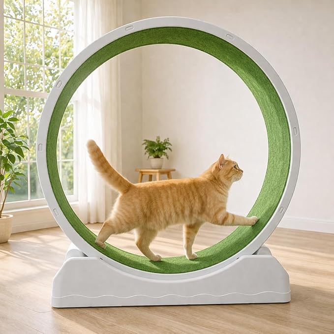 Cat Exercise Wheel for Indoor Cats, 33.5" Compact Small Cat Treadmill — Quiet Running Wheel with Grass Carpet Runway, Space-Saving Design & Safety Lock for Small to Medium Cats Weight Loss-Gray