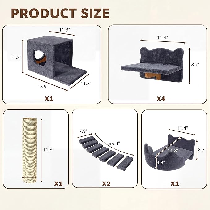 9-in-1 Cat Wall Shelves, Wall Mounted Cat Furniture Set with Plush Fabric, Cat Climbing Wall Systems, Cats Shelf Furniture with Condos, House, Steps, Bridge Ladder, Scratching Post, Grey