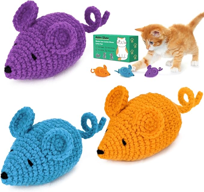 Retro Shaw Catnip Toys Crochet Mice Cat Toys, 3 Pcs Durable Yarn Cat Mouse Toys for Indoor Cats, Stuffed with Natural Catnip & Silvervine Blend, Handmade Interactive Kitten Chew Toy for Teeth Cleaning