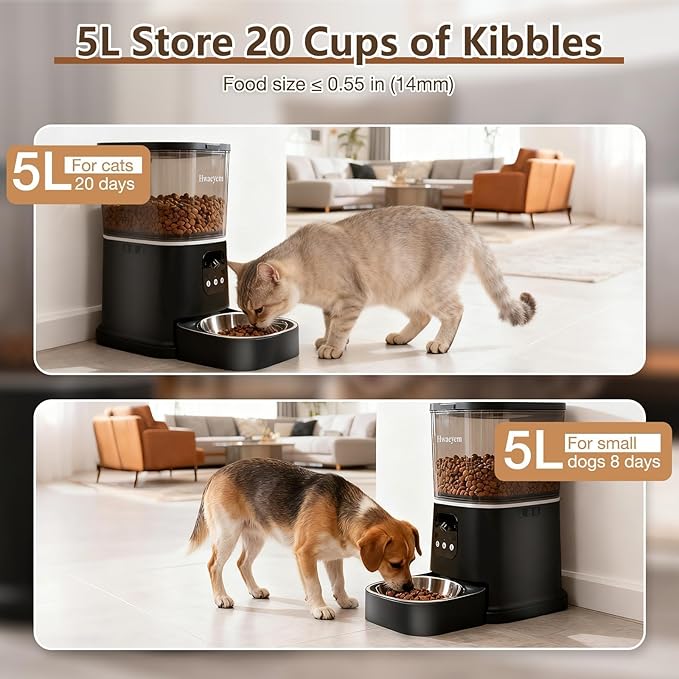 Automatic Cat Feeder with Camera, 5L/28 Cups WiFi Cat Auto Feeder with Two-Way Audio, App Control, Strong Anti-Jam System Smart Timed Cat Feeder with Night Vision for Small Pets Indoor