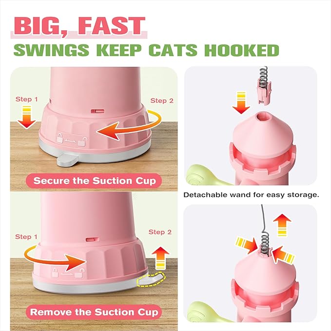 Interactive Cat Toy for Indoor Cats with Strong Suction Cup, Includes Extra Yarn Attachment, Self-Playing Design to Keep Cats Active & Entertained Without Holding a Wand (Cherry Blossom Pink)