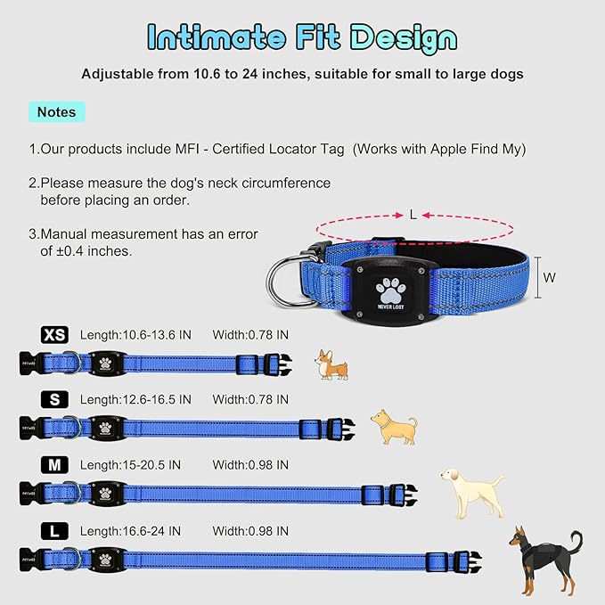 GPS Dog Collar Tracker 2-in-1,Reflective Waterproof Pet Collar,iOS-Only,No Monthly Fees,Unlimited Range,Dog Tracking Collar Pet Tracker,for Small Medium Large Dogs(XS (10.6"-13.6"), Blue)