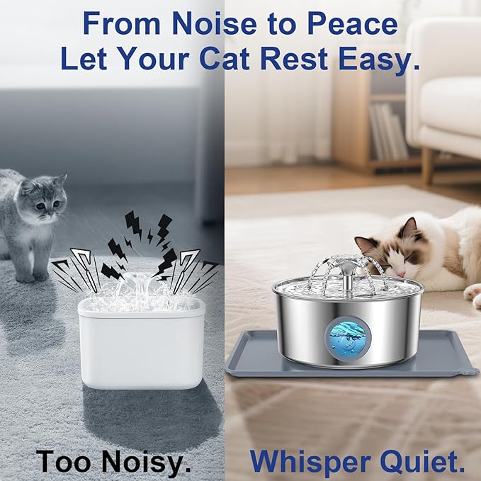 Stainless Steel Cat Water Fountain with Silicone Mat & 2 Filters, 108oz/3.2L Automatic Pet Water Dispenser for Cats Dogs, Quiet Indoor Metal Drinking Bowl, Dog Fountains, Waterer