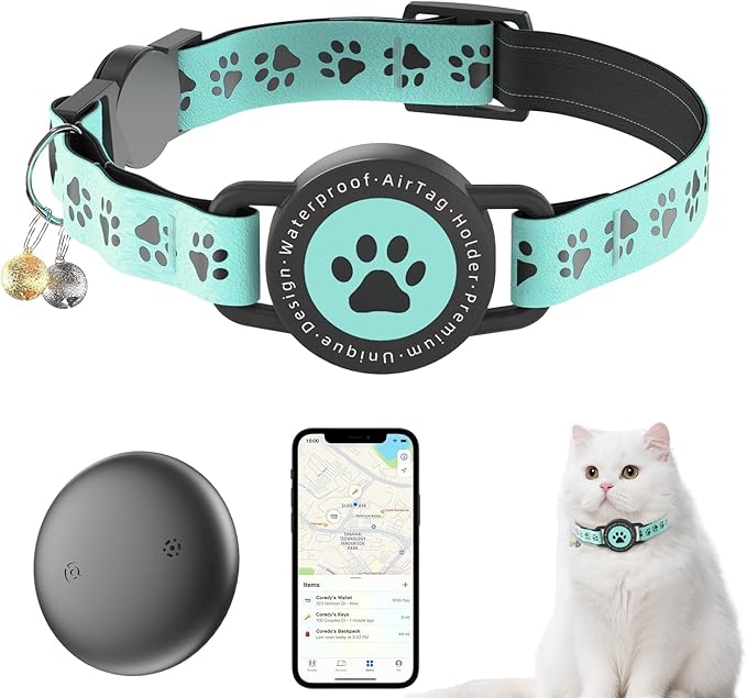 (Blue) GPS Tracker for Cats, Waterproof GPS Cat Trackers Cats Collar with Bells, No Subscription, GPS Cat Collar, Adapt with Apple Find My (iOS Only) Finder Tag for Vehicles, Pets, Kids
