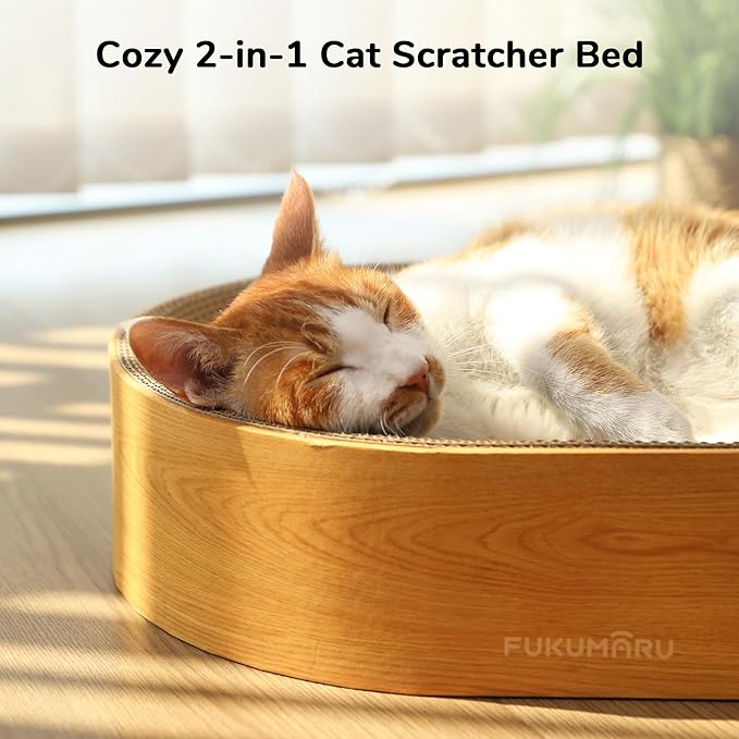 FUKUMARU Cardboard Cat Scratcher Bed, 2-in-1 Oval Cat Scratch Pad, Cats Scratching Board Lounge Bed Indoor, Durable Modern Kitty Scratcher Bowl, Cats Scratch Furniture Protector, Wood Color