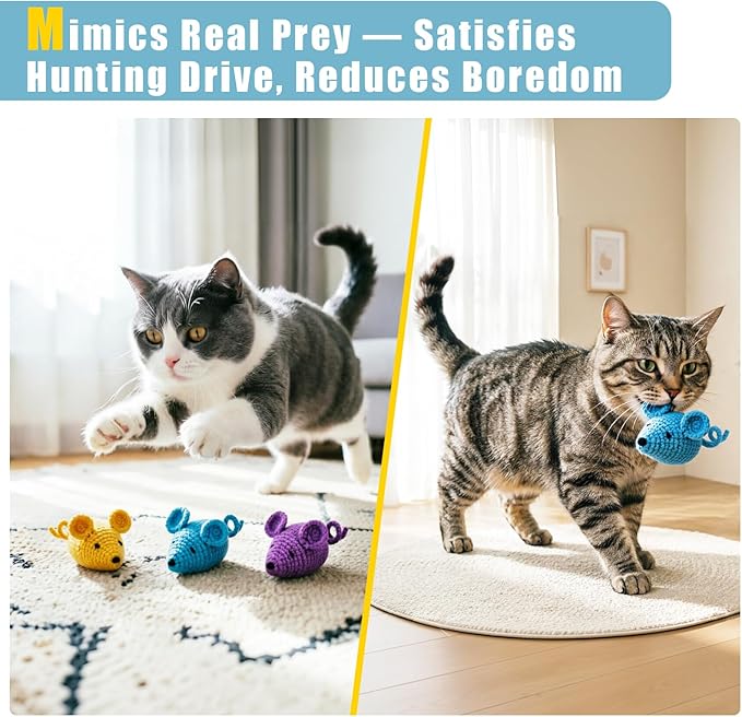 Retro Shaw Catnip Toys Crochet Mice Cat Toys, 3 Pcs Durable Yarn Cat Mouse Toys for Indoor Cats, Stuffed with Natural Catnip & Silvervine Blend, Handmade Interactive Kitten Chew Toy for Teeth Cleaning