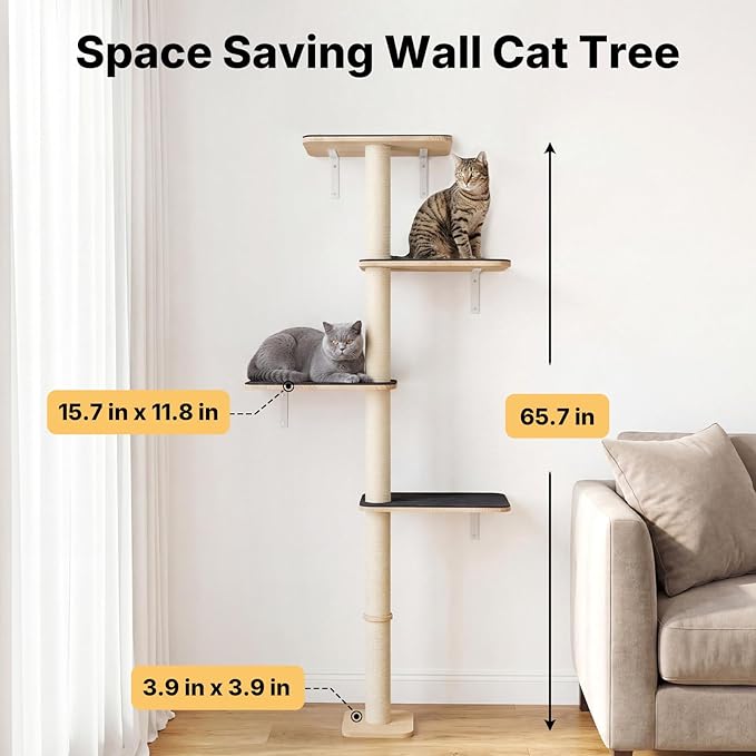 Veehoo Wall Mounted Cat Tree for Large Cats, 66" Tall Cat Wall Climber with Large Perches and Non-Slip Carpet, Cats Wall Shelves Furniture for Climb, Scratch, Lookout and Play