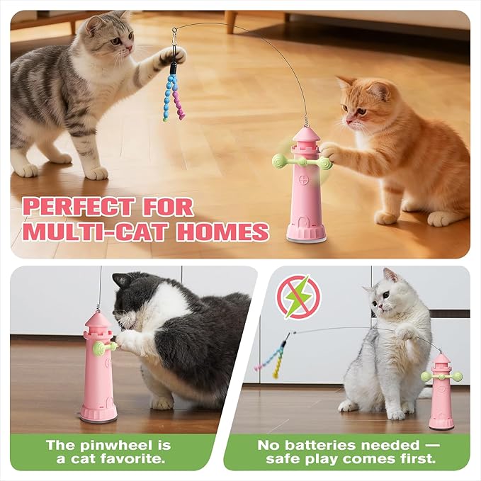 Interactive Cat Toy for Indoor Cats with Strong Suction Cup, Includes Extra Yarn Attachment, Self-Playing Design to Keep Cats Active & Entertained Without Holding a Wand (Cherry Blossom Pink)