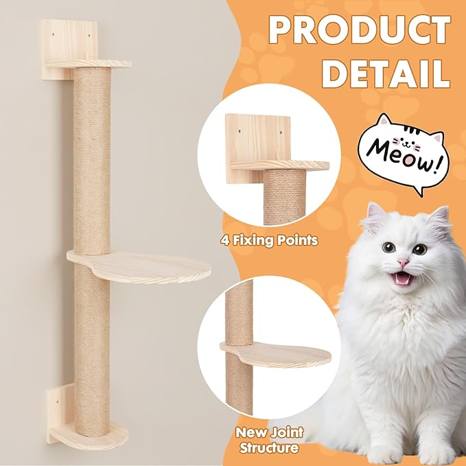 PowerKing Wall Mounted Cat Scratcher, 29 Inch Large Sisal Cat Scratching Post with Hammock, Modern Pine Cat Activity Tree for Kittens, Adult Cats, Sturdy Safe DIY Cat Wall Furniture