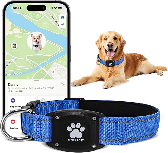 GPS Dog Collar Tracker 2-in-1,Reflective Waterproof Pet Collar,iOS-Only,No Monthly Fees,Unlimited Range,Dog Tracking Collar Pet Tracker,for Small Medium Large Dogs(XS (10.6"-13.6"), Blue)