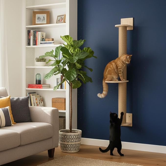 PowerKing Wall Mounted Cat Scratcher, 29 Inch Large Sisal Cat Scratching Post with Hammock, Modern Pine Cat Activity Tree for Kittens, Adult Cats, Sturdy Safe DIY Cat Wall Furniture