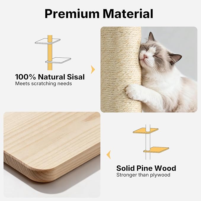 Veehoo Wall Mounted Cat Tree for Large Cats, 66" Tall Cat Wall Climber with Large Perches and Non-Slip Carpet, Cats Wall Shelves Furniture for Climb, Scratch, Lookout and Play